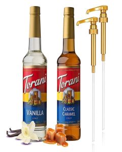 Jimoco Torani Coffee Syrup Variety Pack - Vanilla and Caramel Syrup for Coffee with 2 Syrup Pump Dispenser Compatible with Torani Syrup 25.4 Ounces for Vanilla and Caramel Flavored Coffee