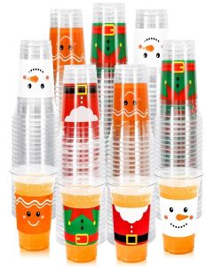 JarThenaAMCS 100Pcs Christmas Disposable Plastic Cups Santa Elf Snowman Gingerbread Man Cold Beverage Drinking Cups for Xmas Holiday Party Supplies, 12 oz