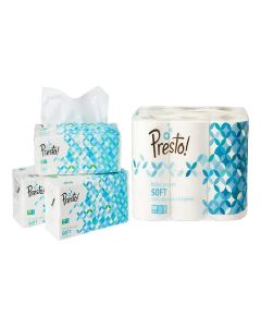 Amazon Brand - Presto! 2 Ply Facial Tissue Soft Poly Pack - 200 Pulls (Pack of 3 & Amazon Brand - Presto! 3 Ply Toilet Paper/Tissue Roll - 12 Rolls (300 Sheets Per Roll Combo