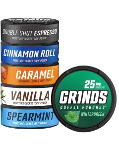 Grinds Coffee Pouches 6 Can Sampler Caramel Espresso Cinnamon Roll Vanilla Wintergreen Spearmint 1 Pouch eq 14 Cup of Coffee