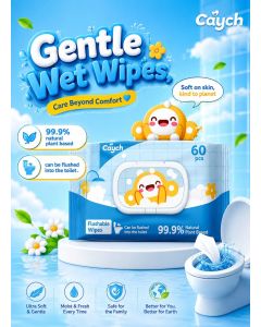 99.9% Plant-Based Flushable Wipes 60 Sheets, Biodegradable and Septic-Safe Toilet Tissue Wipes Eco Friendly, Alcohol Free, Gentle for Adults and Kids