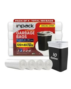 Inpack 10 Gallon Garbage Bags 54x60 cm, Pack of 4 Rolls – 160 Bags Total / Ultra Strong White Trash Bags, Small Bin Liners, Kitchen & Household Waste Bags / 120 + 40 Free