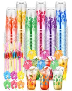 Qinyoung 240 Pcs Hibiscus Plastic Cups and 240 Pcs Umbrellas Flower Straws 12oz Clear Disposable Cups for Tropical Summer Hawaiian Birthday Beach Pool Party Supplies