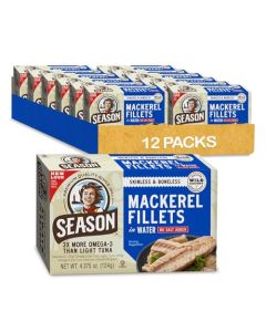 Season Mackerel in Water Skinless Boneless No Salt Added Wild Caught Keto Snacks Canned Mackerel Fillets Full of Vitamins Low in Mercury Kosher NonGMO 20g of Protein 437 Oz 12Pack