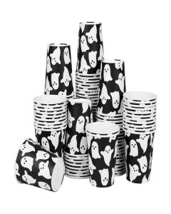 AimFun 100Pcs Halloween Ghost Paper Cups Ghost Spooky Party Cups Black White Boo 9oz Disposable Cold Hot Coffee Drinking Cups for Halloween Party Supplies Table Decor