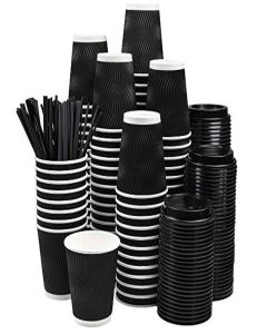 NYHI Pack of 100 10 oz Black Paper Cups with Black Lids Straws Coffee Cups Disposable BPA Free Insulated Ripple Kraft Paper Cups To go Cups for Hot or Cold Drinks Office Home Canteen Party Travel