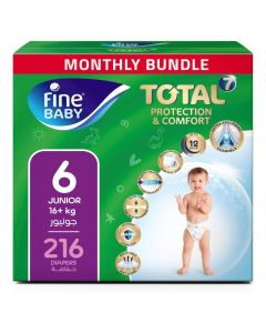 Fine Baby Total 7 Diapers, Size 6 Junior (16+ kg), 216 Count – Mega Pack, Soft, Absorbent & Leak Proof