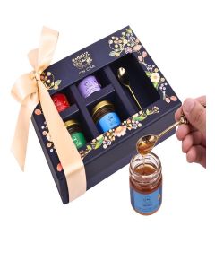 OH CHA - Premium Honey Gift Box / 4 Flavoured Raw Honey Jars + Brass Spoon / Gourmet Gift Set for Gifting, Festivals & Corporate Hampers / 100% Natural & Unprocessed