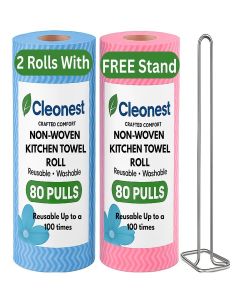 Cleonest Non-Woven Reusable Kitchen Towels with FREE Holder / 2 Rolls x 80 Sheets / Washable Absorbent Wipes / Eco-Friendly Paper Towel Alternative for Kitchen & Home Cleaning
