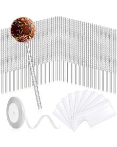 133 Pcs Bling Acrylic Lollipop Sticks Set Rhinestone Cake Pop Sticks with Glass Bags and Silver Glitter Ribbons Tie for Cake Fruit Candy Party Favor