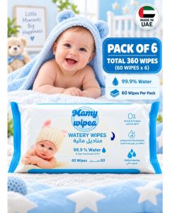 Pack of 6 MAMY WIPES Watery Baby Wet Wipes, 360 Wipes Total, 60 Wipes in Each Pack, 99.9% Water with 0.1% Aloe Vera Extract, 0% Alcohol and Parabens, pH Balanced for Skin Protection, Highly Hydrating Wipes for Everyday Baby Cleansing and Convenient Home o