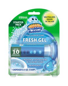 Scrubbing Bubbles Fresh Gel Toilet Bowl Cleaning Stamps Helps Keep Toilet Clean and Helps Prevent Limescale Rings Rainshower Scent 1 Dispenser with 6 Fresh Gel Stamps