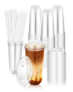 KesaPlan 50 Pack 16oz Clear Plastic Cups with Sip Lids & Straws,Disposable Elevated Dual-hole Lid Round Bottom To Go Cup for Iced Coffee Cold Beverage Juice Smoothie Lemonade Party Catering Supplies