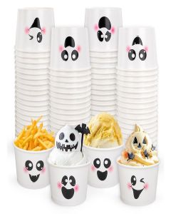 Whaline 48 Pcs Halloween Ghost Snack Cups White Boo Treat Disposable Paper Bowls 9 Oz Paper Cups Dessert Ice Cream Bowls for Trick or Treat Birthday Movie Party Favor Supplies