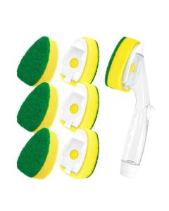 Heavy Duty Dish Wand Refills Kit with Handle, 6 Non Scratch Dishwand Refill Pack, Replacement Sponge Heads Set,Dishwashing Scrub Brush,Soap Control Dispenser Scrubbers, Dishwasher Cleaning Tool
