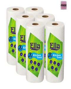 Ella 2 Ply Kitchen Tissue/Towel Paper Roll Soft and Highly Absorbent - 6 Rolls (60 Pulls Per Roll 360 Sheets)