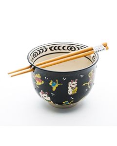 Happy Sales HSRBLUCA Japanese Ramen Udon Noodle Bowl with Chopsticks Gift Set Lucky Cat