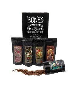 Bones Coffee Company NEW World Tour Sample Pack, Single-Origin Flavored Coffee Low Acid Medium Roast Arabica Beans Specialty Coffee Gifts Compatible Auto Drip and French Press, 4 oz Pack of 5 Ground