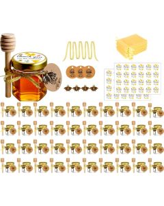 Ahhute Honey Pot Mini Honey Jars with Dipper Glass Honey Jars Baby Shower Favors Party Favors Wedding Favors Lid Bee Pendants Gold Fabric Ribbons and Gold Organza Bags 40 Pack 15oz