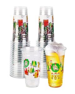 ADLORYEA 48 Pack 16oz Christmas Disposable Plastic Cups / Clear Santa & Snowflake Design for Xmas Holiday Hot Cold Drinks Party Supplies