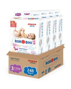 Kokoshi Premium Baby Diapers Size 3 (5–10 kg), 248 pcs – Ultra-Soft, Hypoallergenic, 12h Protection, Breathable, Leak-Proof Japanese, Wetness Indicator