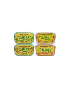 NURI Portuguese Sardines Variety Pack 4 Pack Bundle One of Each Pure Olive Oil Spiced Pure Olive Oil Tomato and Olive Oil AND Spiced Tomato and Olive Oil