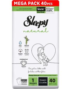 Natural Size 1, Newborn, 80 Count, 2 X 40 Absorption For Ultimate Skin Protection Premium Plant-Based Sustainable Baby Dry Diaper 2-5Kg, 100% Leakage Protection