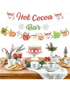 Christmas Hot Cocoa Bar Banner Decoration Glitter Green Red Hot Chocolate Bar Kit Winter Snowflake Gingerbread Snowman Coffee Mug Hot Cocoa Bar Banner Supplies for Birthday Baby Shower New Year Party