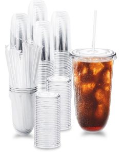 Alaeseje 100 Pack Clear Plastic Cups with Lids and Straws,16 oz Disposable Iced Coffee Cups,PET Crystal Cups,Round Bottom To Go Cup for Iced Coffee Juice Smoothie Cold Beverage