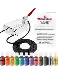 US Cake Supply Complete Cake Airbrush Decorating Kit with 12 Vibrant Food Colors Air Brush for Cake Decoration Cupcakes Cookies Desserts