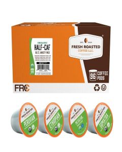 Fresh Roasted Coffee, Organic Half-Caf Variety Pack 96 Pods for K Cup Brewers