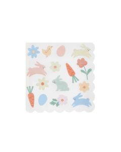 Easter Icons Large Napkins - Pack of 16, 3-Ply Paper Napkins with Scalloped Edges Featuring Bunnies, Chicks, Carrots and Flowers in Soft Spring Colors for Easter Parties & Celebrations
