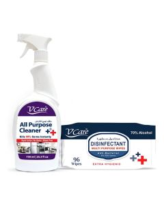 V Care All Purpose Cleaner Trigger Spray 750Ml + Disinfectant Multi-Purpose Anti Bacterial Wipes 96'S