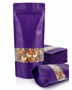 Matte Purple Zip Lock Stand Up Pouches / 11×17 cm / 100gm / Pack of 100 / Reusable, Airtight Polyester Storage Bags with Transparent Window / Food Storage, Leakproof, Self Sealing Multi-Purpose