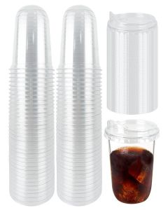 Foxtell 100 Pcs 12 Oz Clear Plastic Cups with Strawless Sip Lids Disposable Round Bottom Togo Cups for Iced Coffee Smoothie Beverage Cold Drinks Disposable Iced Coffee Cups for Party Catering BBQ