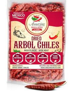Chile De Arbol 4oz Dried Whole Red Chili Peppers Premium All Natural Stemless Resealable Bag Use in Mexican Chinese and Thai Dishes Spicy Hot Heat Full of Flavor