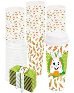 Whaline 50 Pack Bunny Carrot Disposable Coffee Cups with Lids and Sleeves Spring Cute Rabbit Paper Drinking Cups Green White Paper Cup for Easter Spring Party Supplies