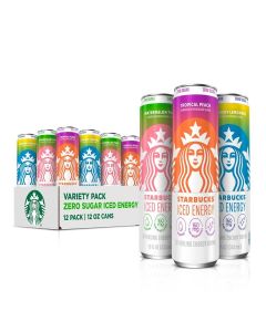 Starbucks Iced Energy Drink, 3 Flavor Variety Pack (Tropical Peach, Watermelon Splash, Blueberry Lemonade), Zero Sugar Energy Drink, Plant Based Caffeine, Hydration, Mental Clarity, 12x12 Fl Oz Cans