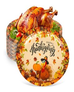 JarThenaAMCS 50Pcs Thanksgiving Oval Paper Plates Turkey Pumpkin Pattern Disposable Plates Large Decorative Tableware for Fall Autumn Harvest Party Decor Supplies