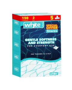 White Facial Tissues Box - 5 Packs of 150 Sheets x 2Ply / Extra Value, Extra Comfort 5in1; Perfect for Households, Offices or On-the-Go / Gentle on Skin