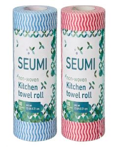 SEUMI Non-Woven Kitchen Towel Roll, Red and Blue Wavy Pattern, Reusable Sheets, 23 cm x 21 cm, 80 Pulls per Roll, Pack of 2