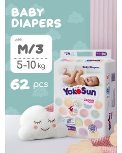 YokoSun Baby Diapers, Size 3 / M (5-10 kg), 62 pcs â€“ Ultra-Soft, Hypoallergenic Nappies, Japanese Technology for Baby Skin Care, Leakproof with 12-Hour Dryness Protection