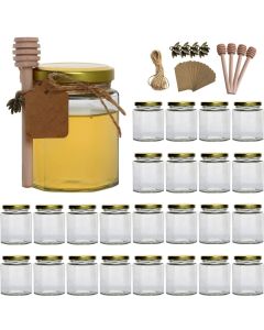 Woaiwoq 6 oz Hexagon Glass Honey Jars Glass Jars with Gold LidsBronze Bee PendantsWooden Honey SticksSmall Tags15m Jute Twine Clear Hexagon Jars for HoneyJams Liquid25 Pcs