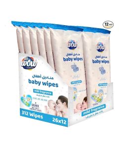 WOW Baby Wipes -Mild Fragrance 99% Water Wipes / Extra Thick Long Wipes with Organic Aloe Vera, Chamomile Extract and Vitamin E, Gentle on sensitive skin/ 26's Pack of 12 / 312 Wipes