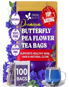 FreshDrinkUS, 100 Premium Butterfly Pea Flower Tea Bags – 100% Pure & Natural / Caffeine-Free Herbal Blue Tea / No Additives, Non-GMO, Made With Natural Material Tea Bag, No Sugar, No Caffeine, No