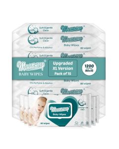 Moonwisp Baby Wipes – 1200 Wipes [Upgraded XL Version], Thicker Premium Water-Based Wet Wipes, Unscented, Alcohol-Free, Ultra-Soft for Baby & All-Purpose Cleaning (Pack of 15)