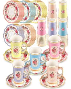 Tioncy 100 Pcs Tea Party Decorations Include 50 Pieces 9 oz Paper Tea Cups with Handle and 50 Plates Disposable Teacups and Saucers Sets for Birthday Baby Shower(5 Colors)