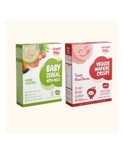 Simply Fils Baby cereal with Milk 4 Grain 4 Vegetables + Simply Fils Veggie Wafers Crisps Tomato Mixed Berries