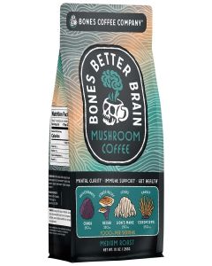Bones Coffee Company Better Brain Mushroom Coffee - Medium Roast Low Acid Arabica Beans - Ground or Whole Bean - Reishi, Chaga, Lion's Mane, Cordyceps Mushroom Blend - 10 Oz