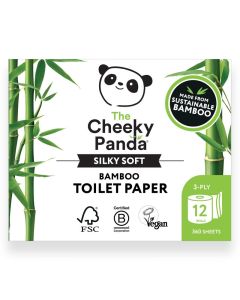 The Cheeky Panda Bamboo Toilet Paper Bulk 12 Family Sized Rolls with 360 Soft Sheets Each 4320 Sheets Super Strong 3 Ply Biodegradable Toilet Paper